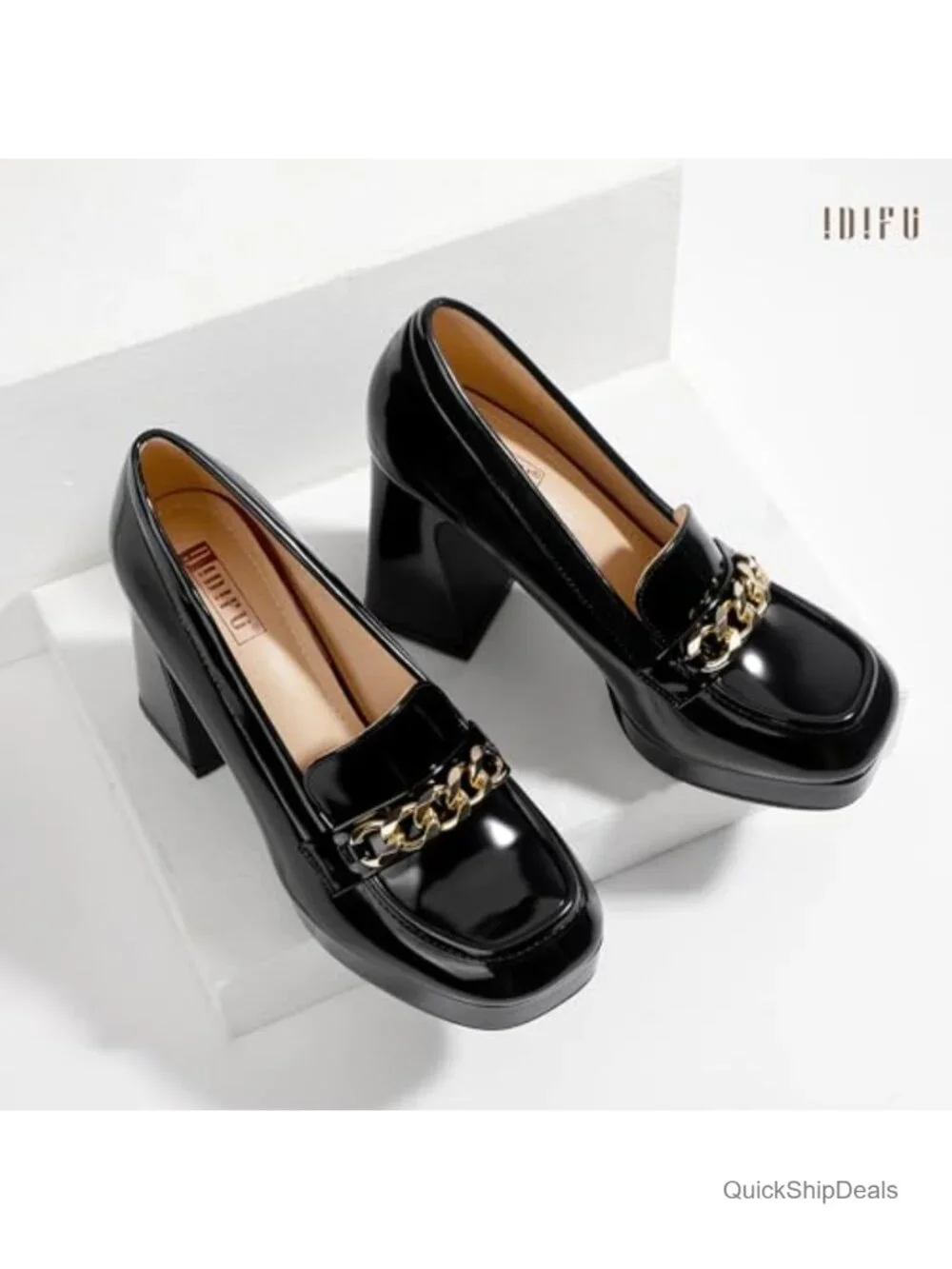 Platform Chunky Heel Loafers with Metal Chain | Square Toe Dress Shoes